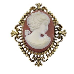 Vintage Avon Cameo Glace Brooch Pin Locket Gold Tone Filigree Trim Women